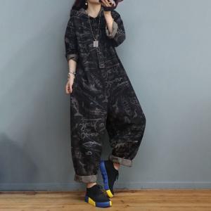 Letter Prints Black Hooded Jumpsuits Chunky Striped Jean Coveralls