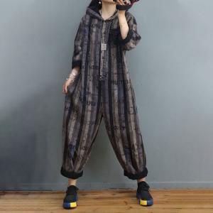 Letter Prints Black Hooded Jumpsuits Chunky Striped Jean Coveralls