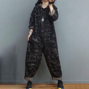 Letter Prints Black Hooded Jumpsuits Chunky Striped Jean Coveralls