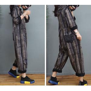 Letter Prints Black Hooded Jumpsuits Chunky Striped Jean Coveralls