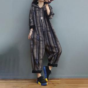 Letter Prints Black Hooded Jumpsuits Chunky Striped Jean Coveralls