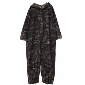 Letter Prints Black Hooded Jumpsuits Chunky Striped Jean Coveralls