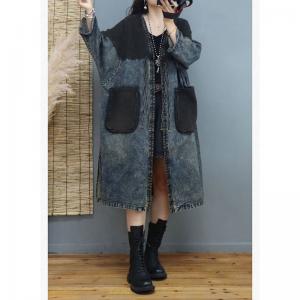 V-Neck Big Pockets Denim Cardigan Plus Size Belted Coat