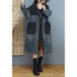 V-Neck Big Pockets Denim Cardigan Plus Size Belted Coat