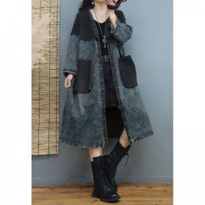 V-Neck Big Pockets Denim Cardigan Plus Size Belted Coat