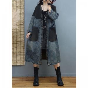 V-Neck Big Pockets Denim Cardigan Plus Size Belted Coat