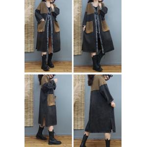 V-Neck Big Pockets Denim Cardigan Plus Size Belted Coat