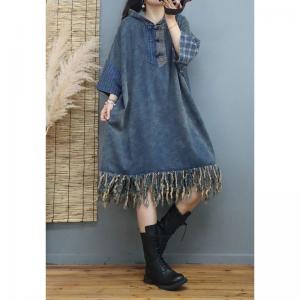 Chinese Buttons Long Fringed Dress Plaid Denim Hooded Dress