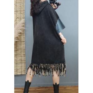 Chinese Buttons Long Fringed Dress Plaid Denim Hooded Dress