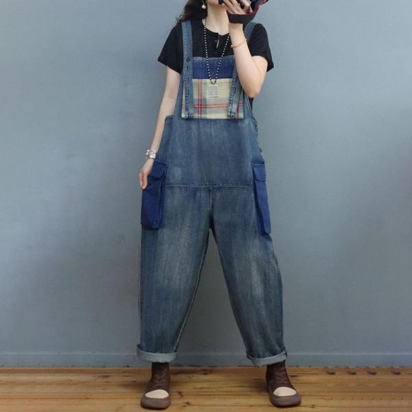 Gingham Patched Pockets Denim Overalls Baggy Stone Wash Overalls in ...