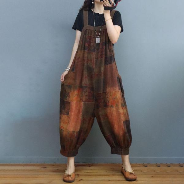 Balloon Legs Folk Printed Overalls Plus Size Cotton Linen Overalls