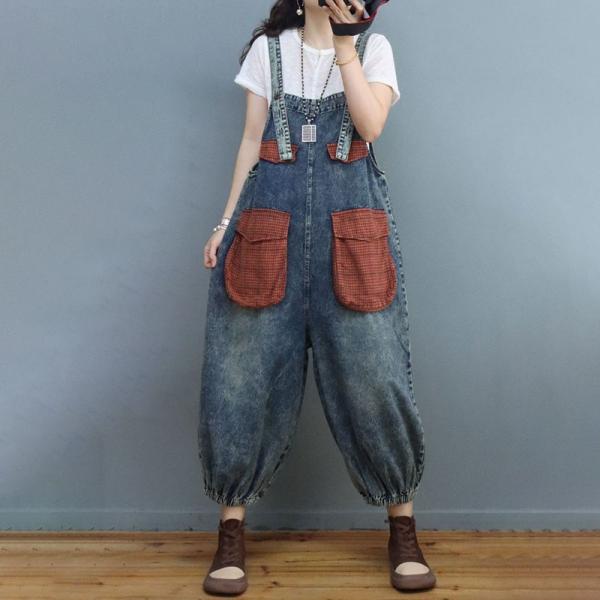 Big Plaid Pockets Summer Overalls Balloon Leg Bib Overalls