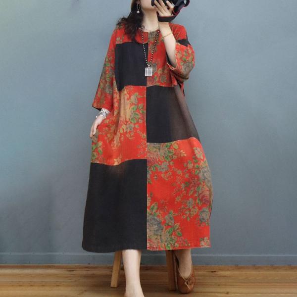 Color Block Cotton Linen Chinese Dress Large Floral Dress