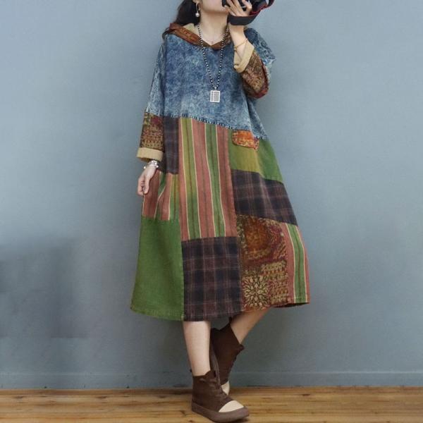 Colorful Patchwork Denim Hooded Dress Cotton Linen Striped Dress