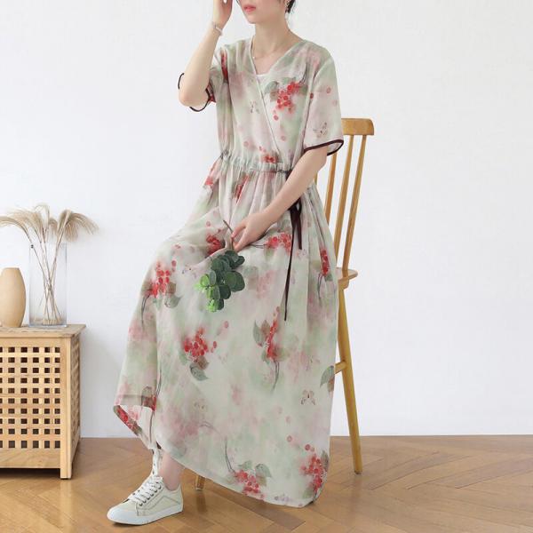 Red Floral Loose Ramie Dress Empire Waist Tied Cruise Wear