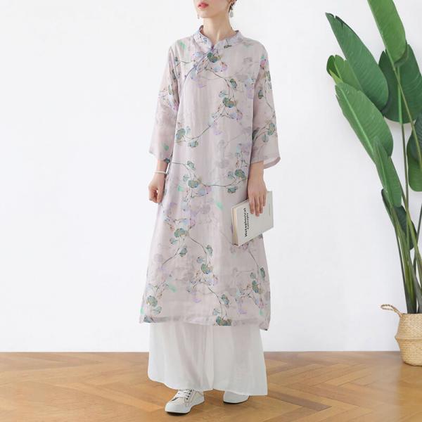 Mandarin Collar Printed Linen Cheongsam  Midi Chinese Qipao