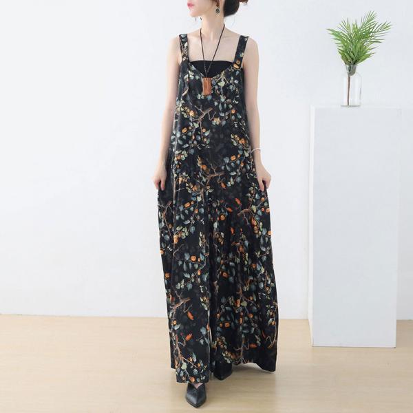 Beach Fashion Black Floral Overalls Wide Leg Long Overalls
