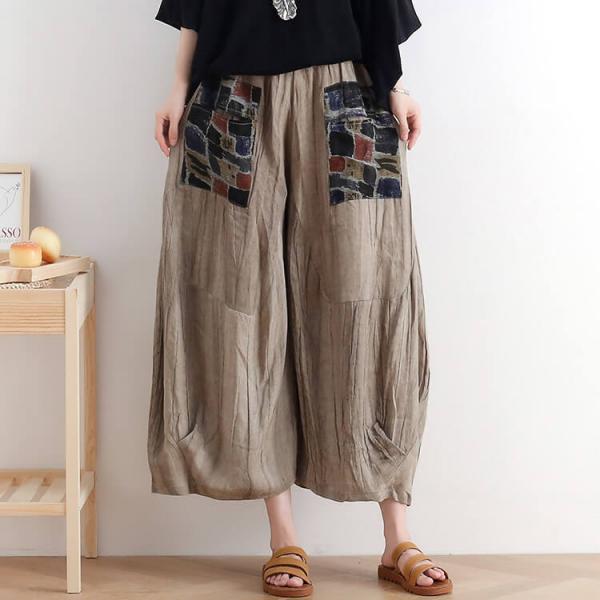 Plaid Pockets Linen Gaucho Pants Flax Wide Leg Pants