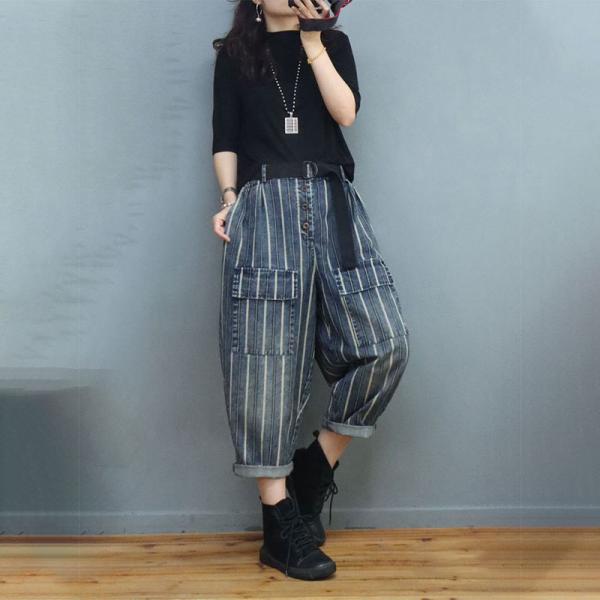 Front Pockets Vertical Striped Pants Womens Cuffed Jeans