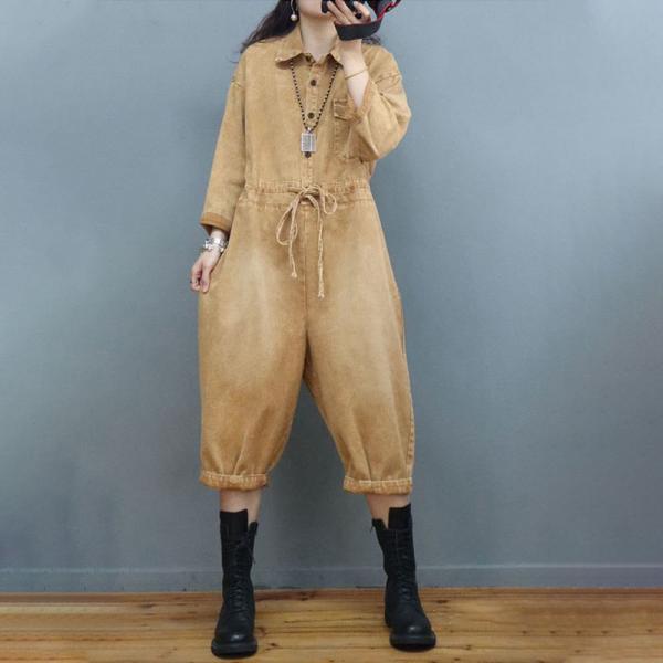 Drawstring Waist Long Sleeves Coveralls Wide Leg Cropped Jumpsuits