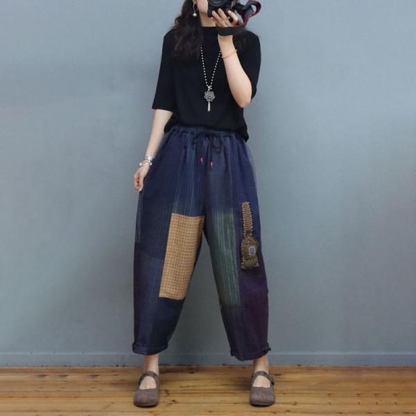 Small Plaid Patchwork Loose Pants Cotton Linen Carrot Pants