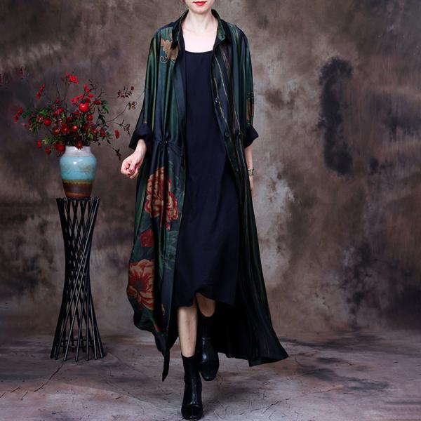 Drawstring Waist Shirt Dress Printed Maxi Trench Coat for Senior Women