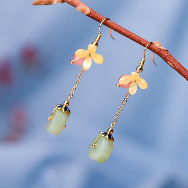 Chinese Traditional Aventurine Earrings Colored Glaze Folk Earrings