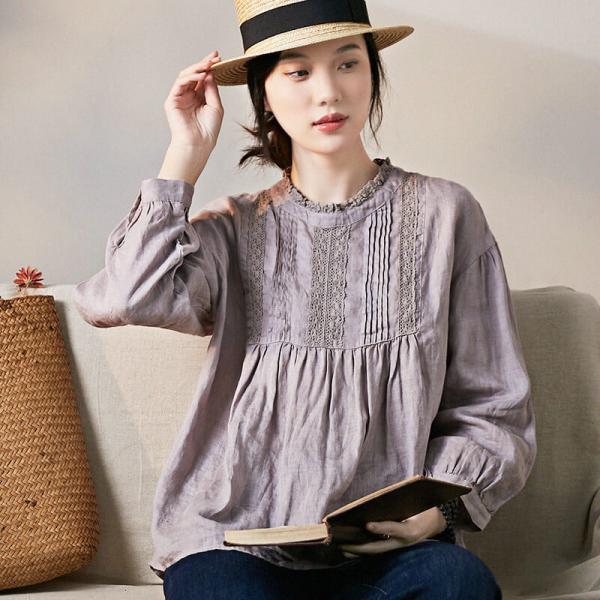 Lace Collar Crochet Blouse Loose Linen Shirt for Women