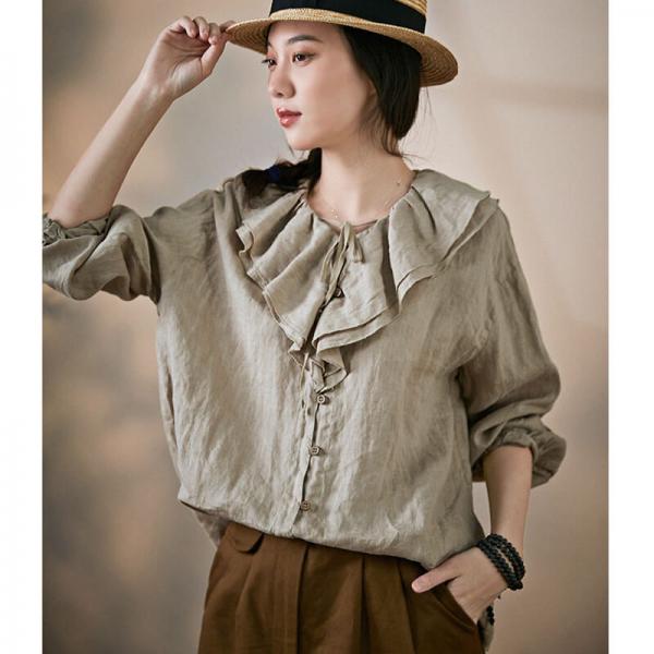 Puff Sleeves Linen Shirt Cute Flouncing Blouse