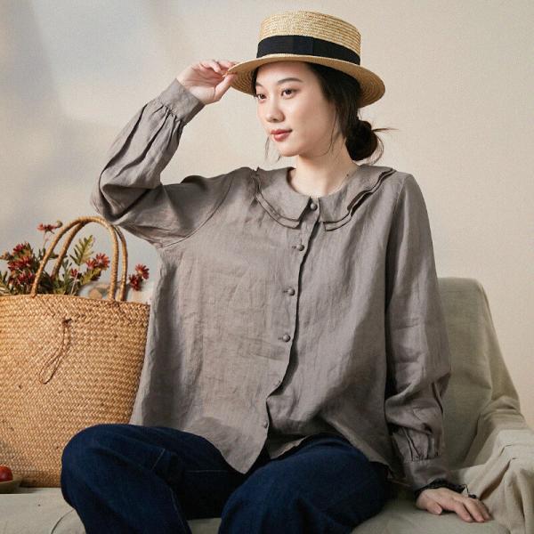 Long Sleeves Ruffled Collar Blouse Plus Size Linen Shirt