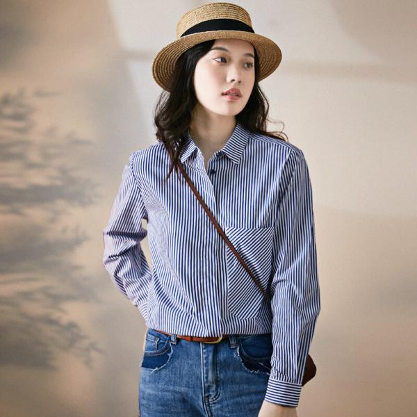 Blue Pinstriped Shirt Womens Cotton Blouse for Women