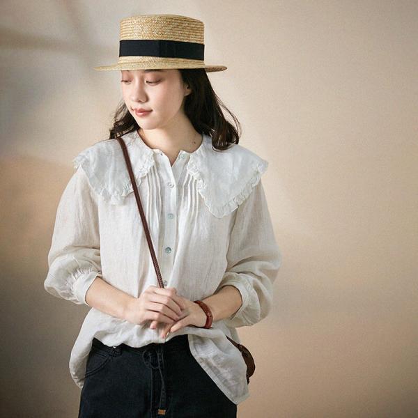 Loose Linen Peter Pan Collar Shirt Long Sleeve White Blouse