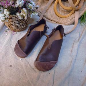Handmade Leather Slip-On Flats Comfy Plain Granny Shoes