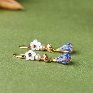 Flowers and Pearl Earring Long Cloisonne Chinese Jewelry