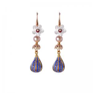 Flowers and Pearl Earring Long Cloisonne Chinese Jewelry