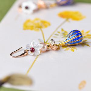 Flowers and Pearl Earring Long Cloisonne Chinese Jewelry