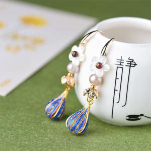 Flowers and Pearl Earring Long Cloisonne Chinese Jewelry