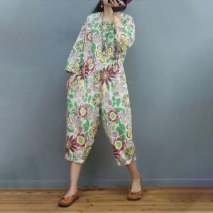 Colorful Flowers Jean Jumpsuits Plus Size Tropical Coveralls