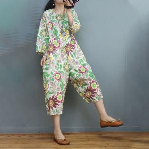 Colorful Flowers Jean Jumpsuits Plus Size Tropical Coveralls