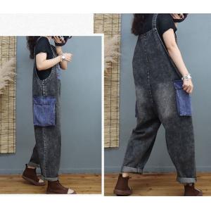 Gingham Patched Pockets Denim Overalls Baggy Stone Wash Overalls