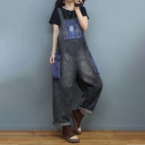 Gingham Patched Pockets Denim Overalls Baggy Stone Wash Overalls
