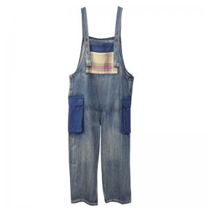 Gingham Patched Pockets Denim Overalls Baggy Stone Wash Overalls