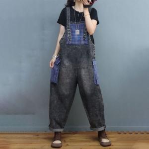 Gingham Patched Pockets Denim Overalls Baggy Stone Wash Overalls