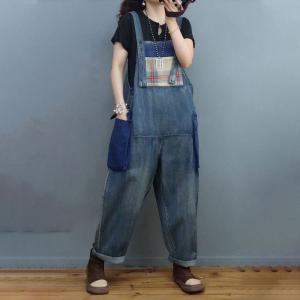 Gingham Patched Pockets Denim Overalls Baggy Stone Wash Overalls