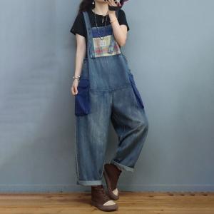 Gingham Patched Pockets Denim Overalls Baggy Stone Wash Overalls