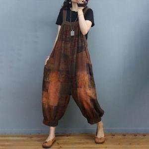 Balloon Legs Folk Printed Overalls Plus Size Cotton Linen Overalls