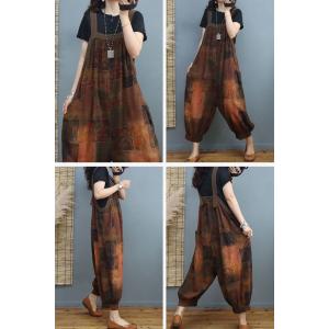 Balloon Legs Folk Printed Overalls Plus Size Cotton Linen Overalls