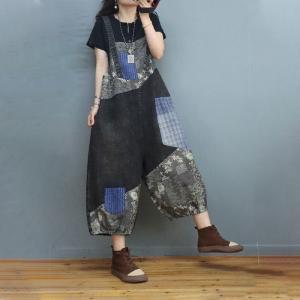 Checkered Patchwork Floral Overalls Stone Wash 90s Overalls