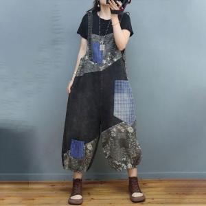 Checkered Patchwork Floral Overalls Stone Wash 90s Overalls