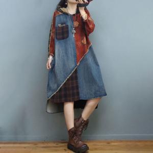 Gingham Patchwork Hooded Dress Fringed Printed Jean Dress